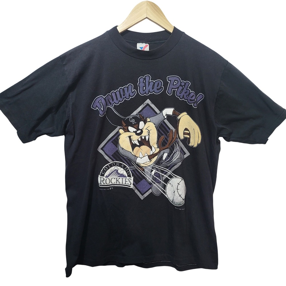 Vintage 1993 Artex Colorado Rockies Taz‎ Looney Tunes MLB T-Shirt Black Large